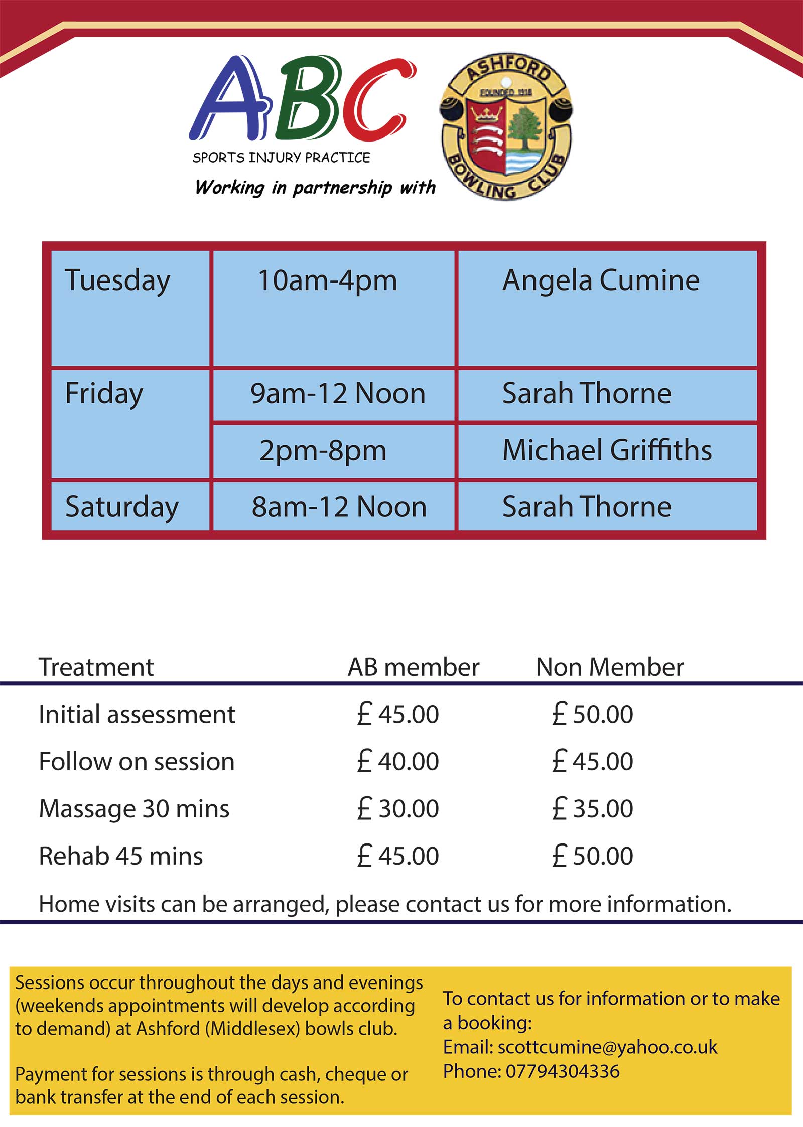 Physio prices Ashford and Staines